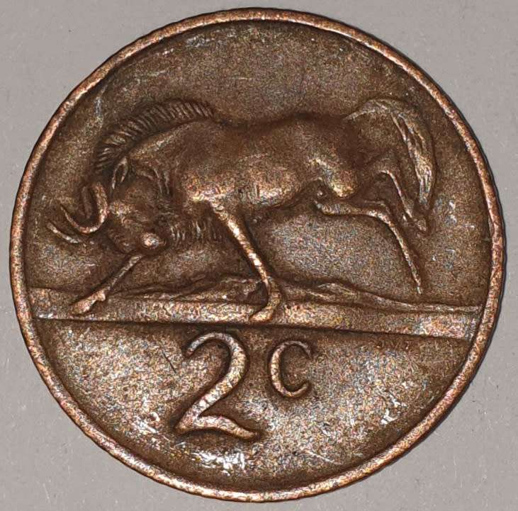 1971 - 2 CENT COIN (TWO CENT COIN) - RSA - BRONZE - KM#83 - BILINGUAL LEGEND - WILDEBEEST